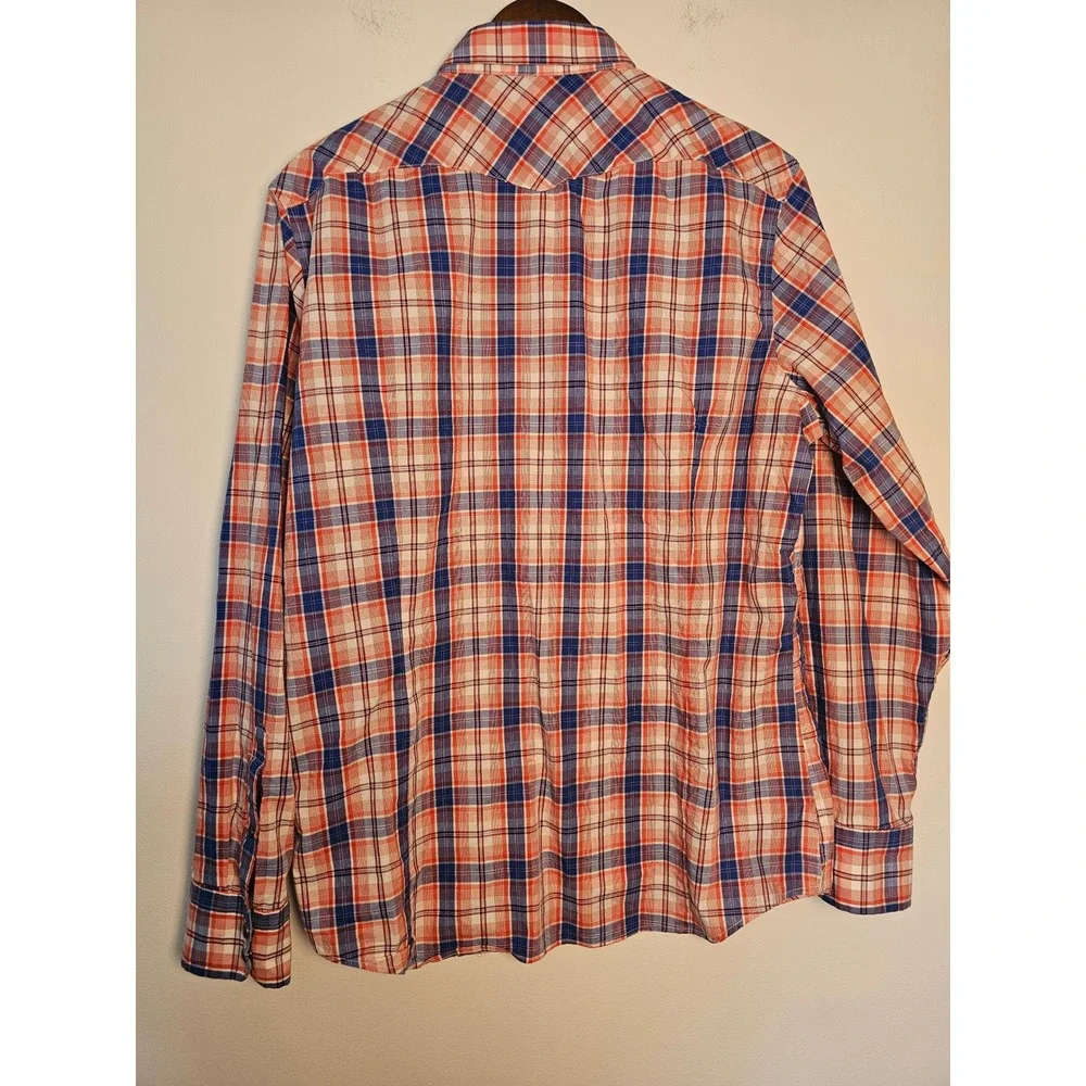 Western Banana Republic Plaid Shirt Mens Large Orange Blue Slim Fit Snap Front